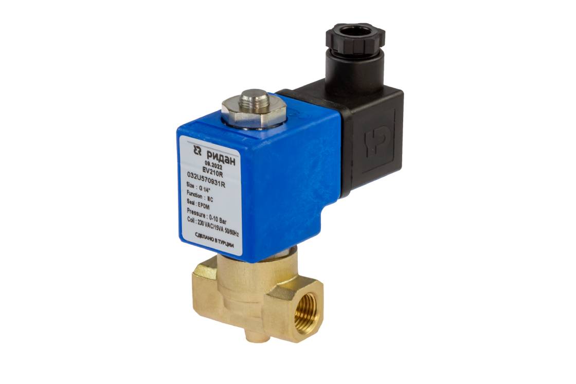 Ридан 032U000431R — Клапан электромагнитный EV210R, присоединение G 1/4, Ду 3 мм, материал уплотнения EPDM, нормально открытый, 0…5 бар, с катушкой 230В, 50/60 Гц
