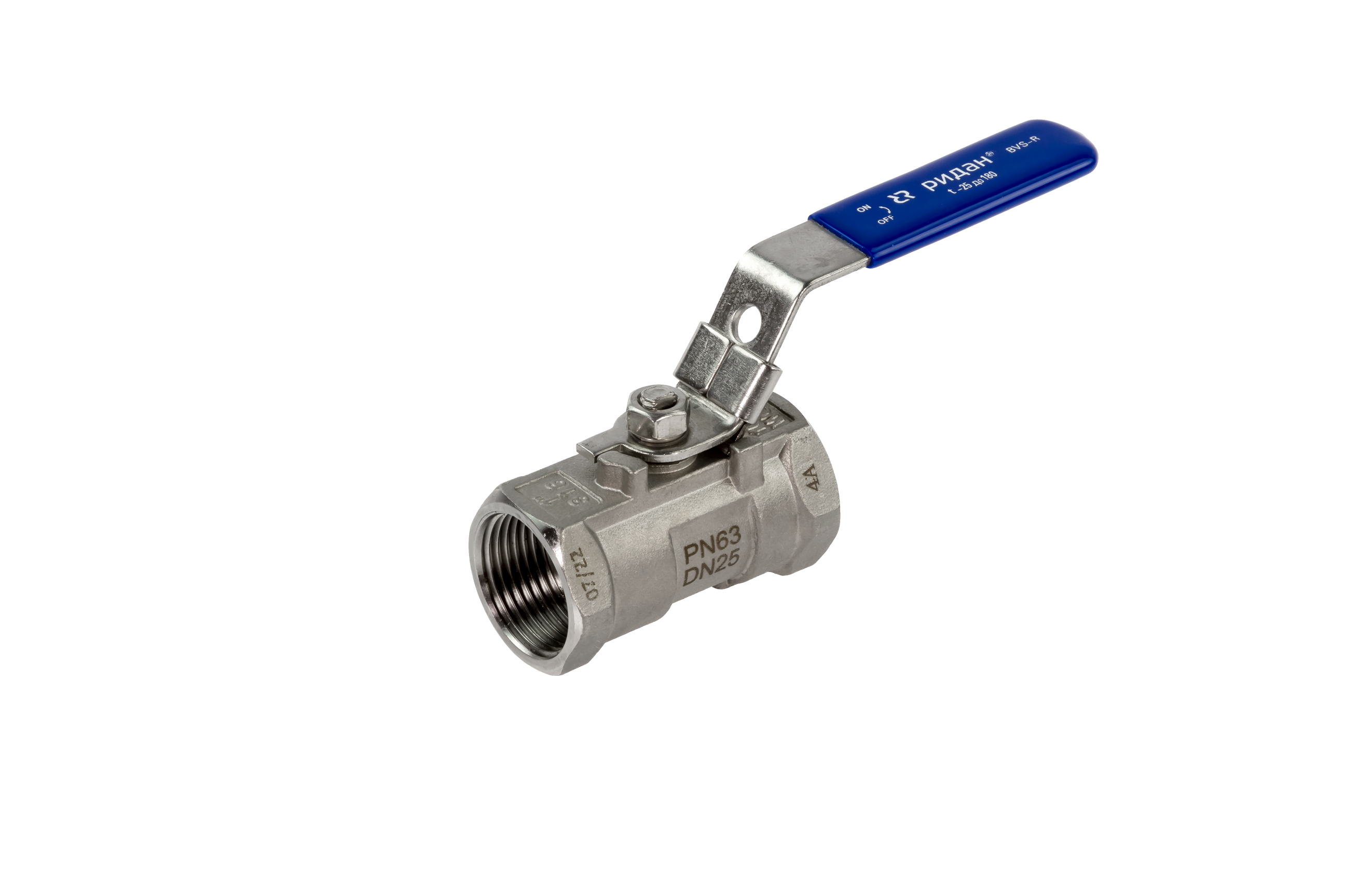 Ридан BVS-R 082X4606R — Шаровый кран резьбовой DN40 PN63, с рукояткой, корпус — коррозионностойкая сталь, шар — коррозионностойкая сталь AISI316; уплотнение по шару R-PTFE (15% C)