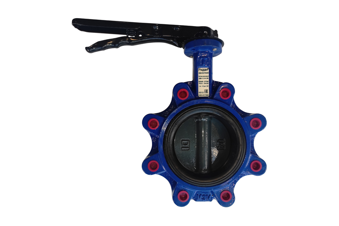 Ридан 082X4965R — Затвор дисковый с резьбовыми проушинами ЗДМ PN25, DN125, с рукояткой, корпус чугун GGG40, диск нержавеющая сталь 316, уплотнение EPDM