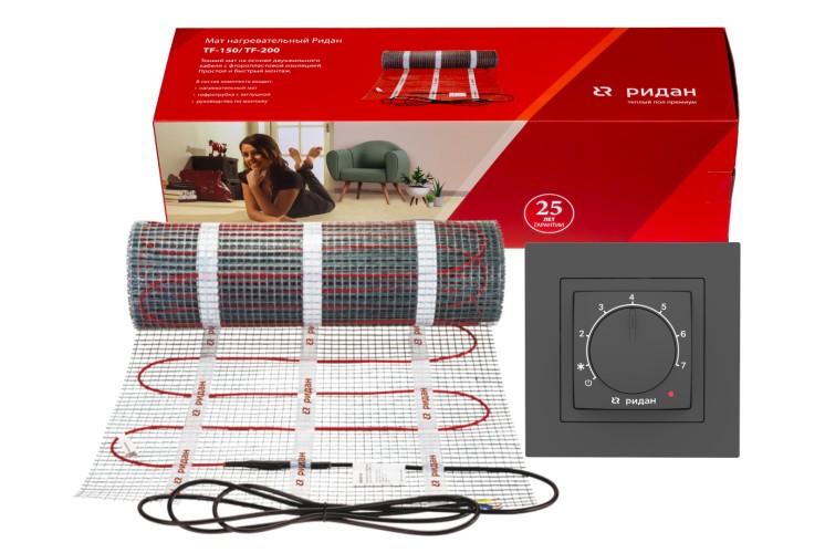 Ridan 21RT1004R — Розничный комплект для теплого пола: нагревательный мат Ridan TF-150 2,5 м² с терморегулятором Ridan Twist (белый)