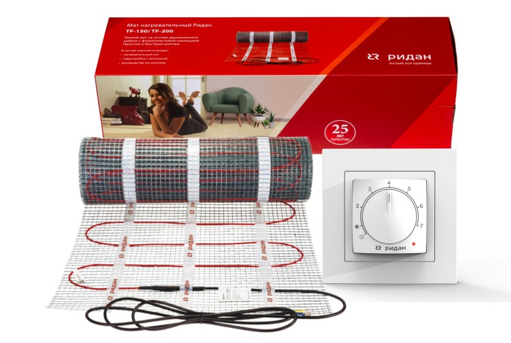Ridan 21RT1084R — Розничный комплект для теплого пола: нагревательный мат Ridan TF-200 7 м² с терморегулятором Ridan Twist (черный)
