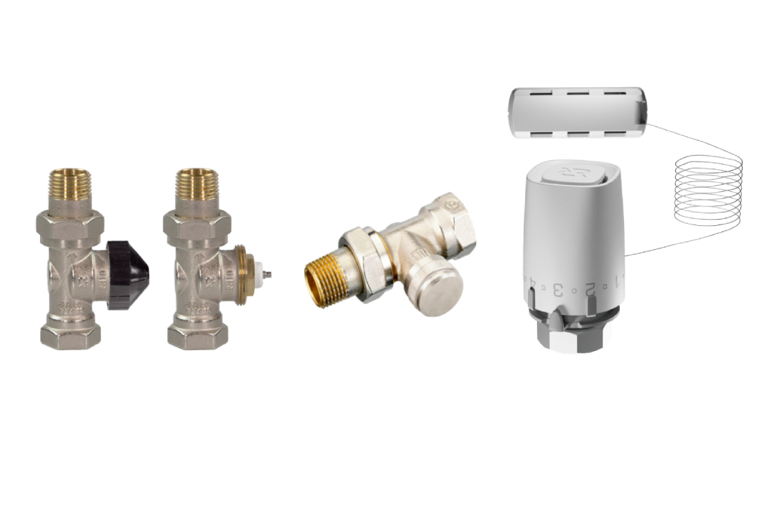 Комплект для двухтрубной системы отопления: клапан терморегулирующий 013G7014R + клапан запорный прямой 003L0144R + термостатический элемент с выносным датчиком температуры 003G9006R (присоединение М30х1,5)